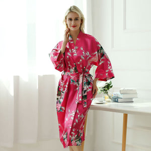 Japanese-themed Peacock Floral Women's Yukata Kimono Robe Cardigan with Belt-Enchanted peach