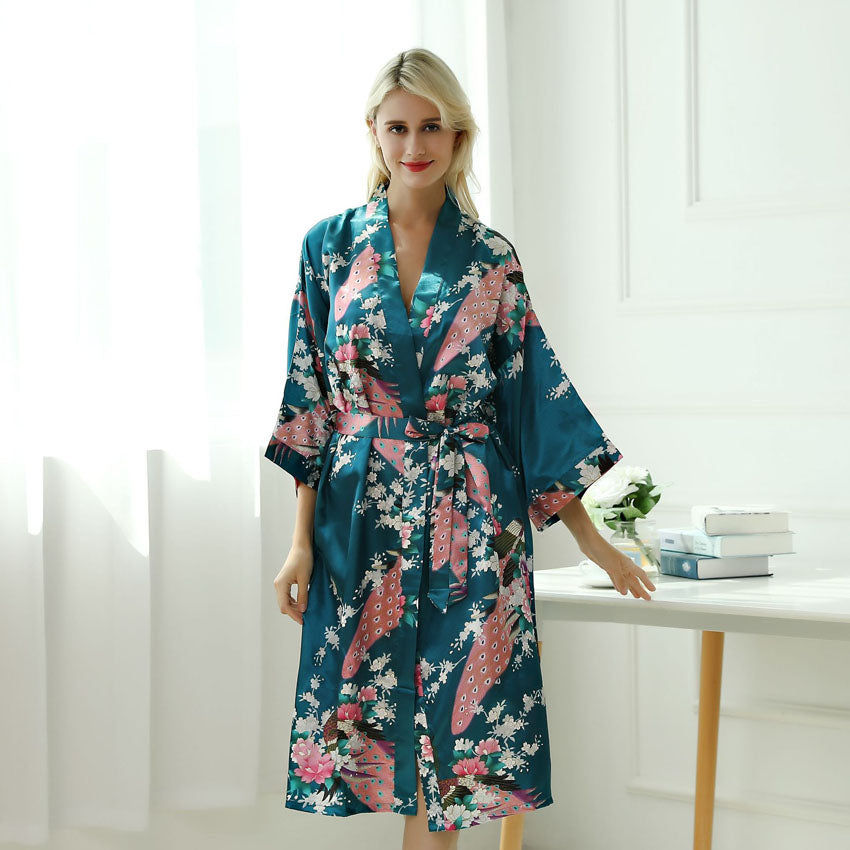 Japanese-themed Peacock Floral Women's Yukata Kimono Robe Cardigan with Belt-Enchanted peach