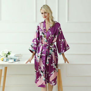 Japanese-themed Peacock Floral Women's Yukata Kimono Robe Cardigan with Belt-Enchanted peach