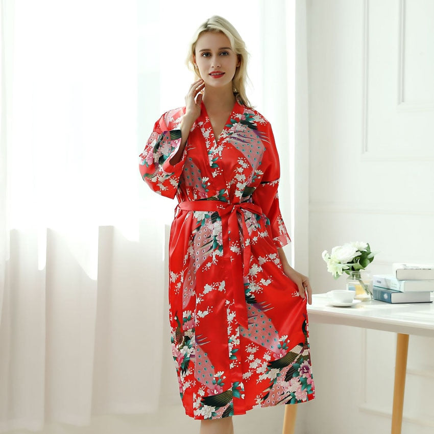 Japanese-themed Peacock Floral Women's Yukata Kimono Robe Cardigan with Belt-Enchanted peach