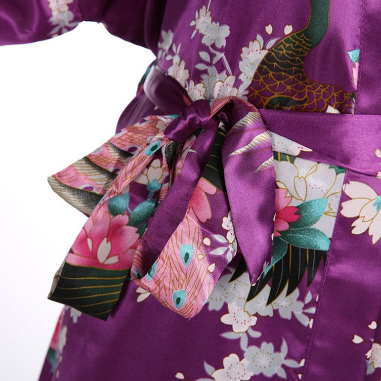 Japanese-themed Peacock Floral Women's Yukata Kimono Robe Cardigan with Belt-Enchanted peach