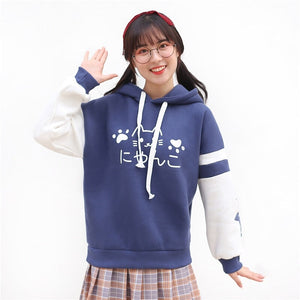 Japanese-themed Pink Blue Two-Tone Cat Hoodie-Enchanted peach