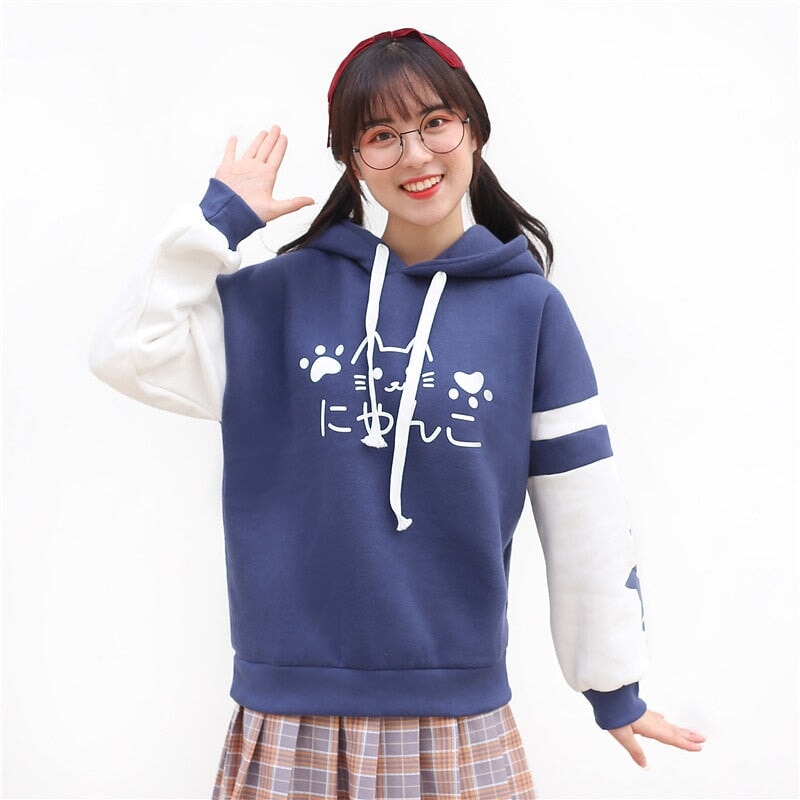 Japanese-themed Pink Blue Two-Tone Cat Hoodie-Enchanted peach