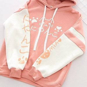 Japanese-themed Pink Blue Two-Tone Cat Hoodie-Enchanted peach