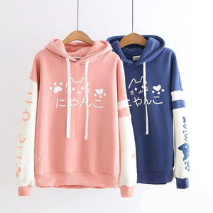 Japanese-themed Pink Blue Two-Tone Cat Hoodie-Enchanted peach