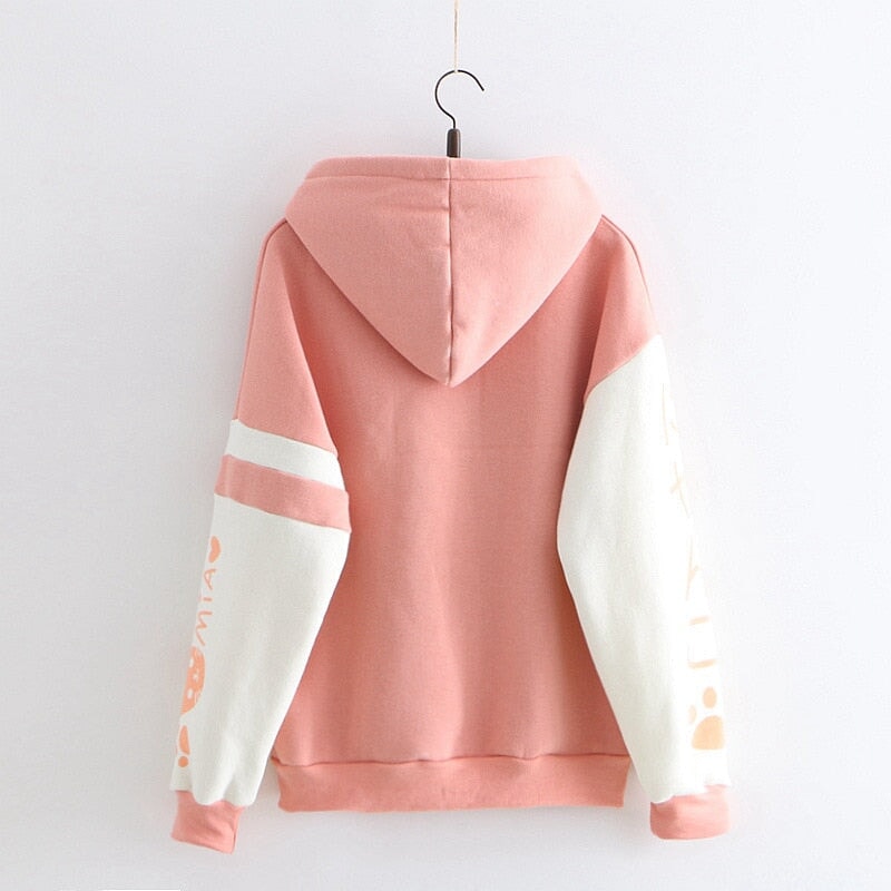 Japanese-themed Pink Blue Two-Tone Cat Hoodie-Enchanted peach