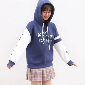 Japanese-themed Pink Blue Two-Tone Cat Hoodie-Enchanted peach