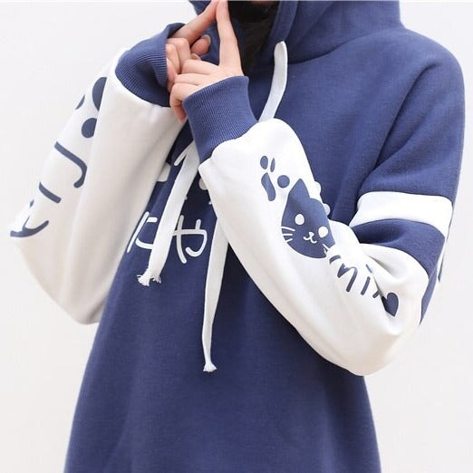 Japanese-themed Pink Blue Two-Tone Cat Hoodie-Enchanted peach