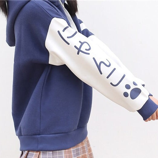 Japanese-themed Pink Blue Two-Tone Cat Hoodie-Enchanted peach