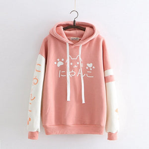 Japanese-themed Pink Blue Two-Tone Cat Hoodie-Enchanted peach