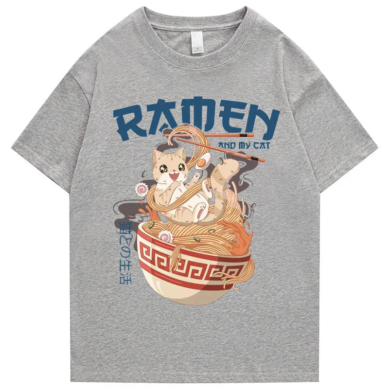 Japanese-themed Ramen & Kawaii Cat Unisex Tee-Enchanted peach