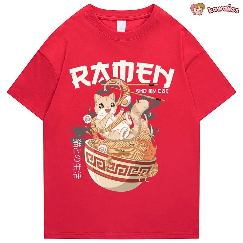 Japanese-themed Ramen & Kawaii Cat Unisex Tee-Enchanted peach