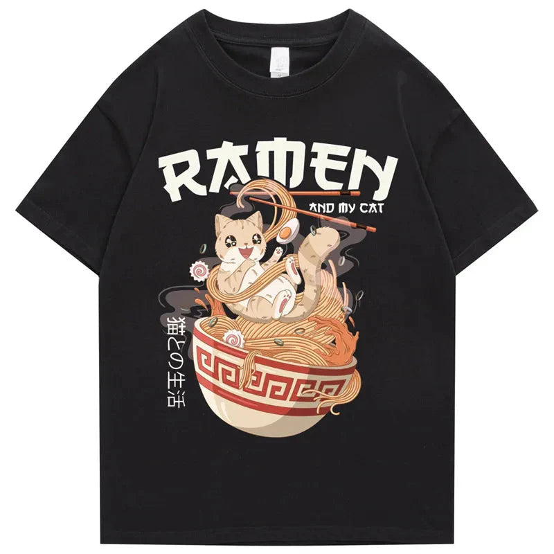 Japanese-themed Ramen & Kawaii Cat Unisex Tee-Enchanted peach