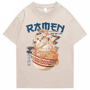 Japanese-themed Ramen & Kawaii Cat Unisex Tee-Enchanted peach