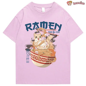 Japanese-themed Ramen & Kawaii Cat Unisex Tee-Enchanted peach