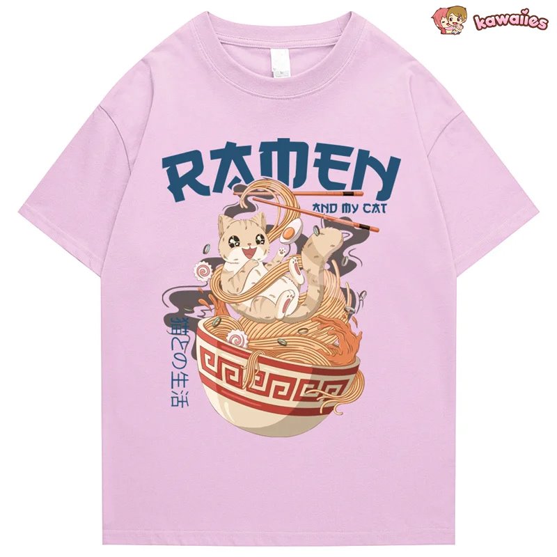 Japanese-themed Ramen & Kawaii Cat Unisex Tee-Enchanted peach