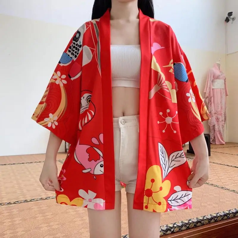 Japanese-themed Red Black Lucky Cat Kimono-Enchanted peach