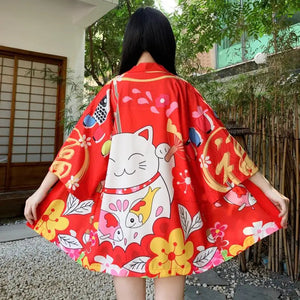 Japanese-themed Red Black Lucky Cat Kimono-Enchanted peach