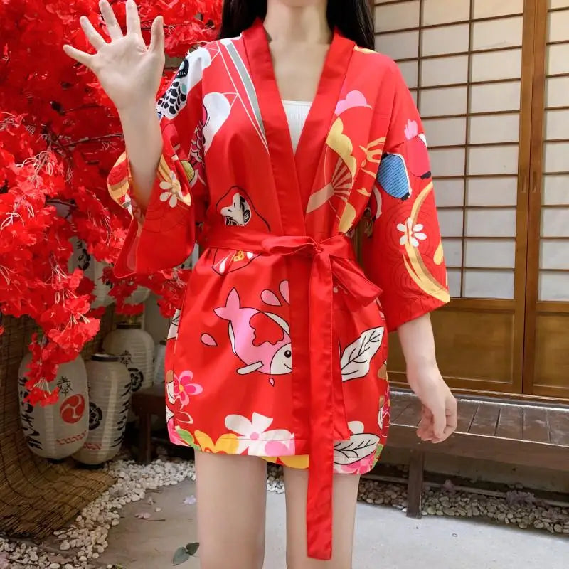 Japanese-themed Red Black Lucky Cat Kimono-Enchanted peach