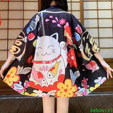 Japanese-themed Red Black Lucky Cat Kimono-Enchanted peach