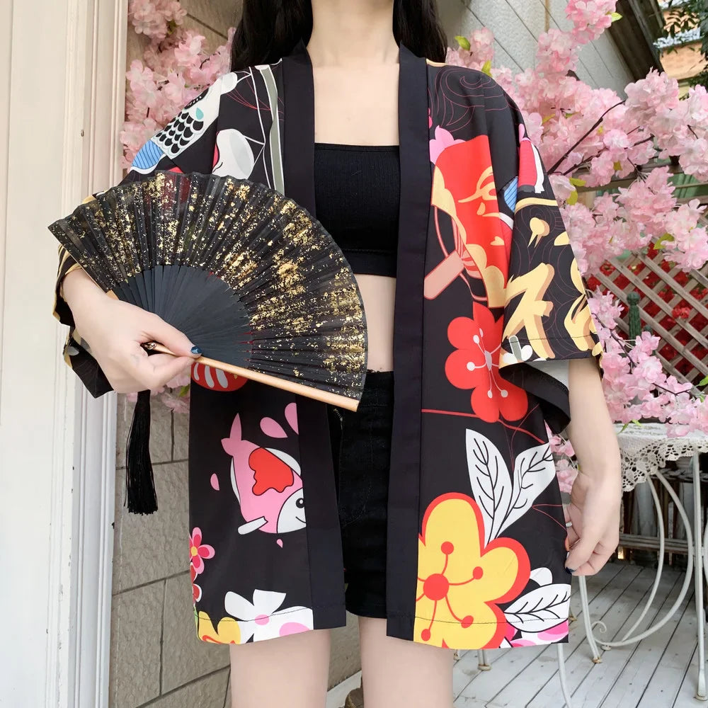 Japanese-themed Red Black Lucky Cat Kimono-Enchanted peach