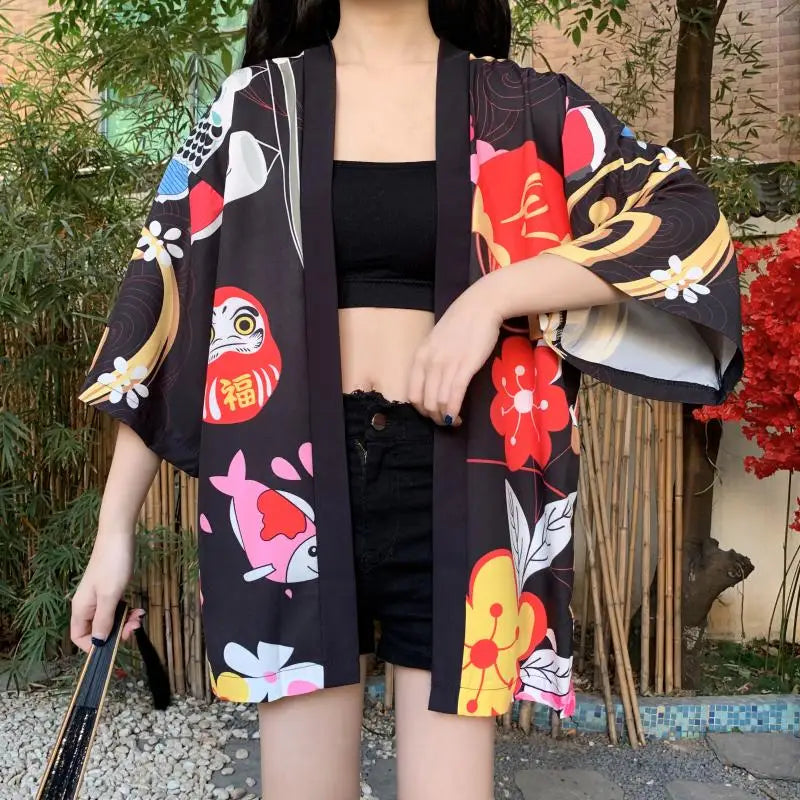 Japanese-themed Red Black Lucky Cat Kimono-Enchanted peach