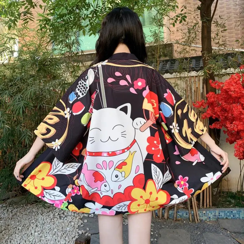 Japanese-themed Red Black Lucky Cat Kimono-Enchanted peach