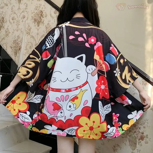 Japanese-themed Red Black Lucky Cat Kimono-Enchanted peach