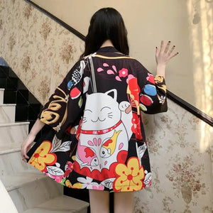 Japanese-themed Red Black Lucky Cat Kimono-Enchanted peach