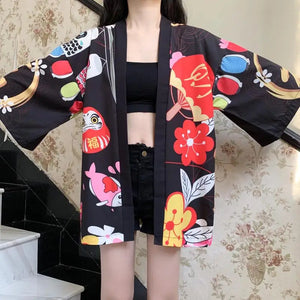 Japanese-themed Red Black Lucky Cat Kimono-Enchanted peach