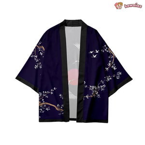 Japanese-themed Red Sun White Cranes Unisex Kimono-Enchanted peach