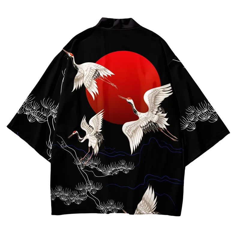 Japanese-themed Red Sun White Cranes Unisex Kimono-Enchanted peach