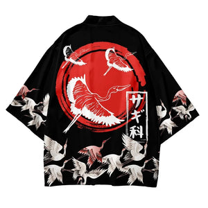 Japanese-themed Red Sun White Cranes Unisex Kimono-Enchanted peach