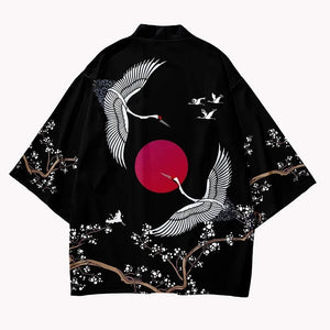 Japanese-themed Red Sun White Cranes Unisex Kimono-Enchanted peach