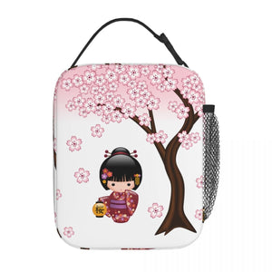 Japanese-themed Sakura Blossom Tree Keiko Kokeshi Doll Square Lunch Bag-Enchanted peach