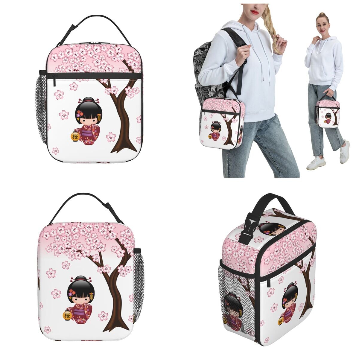 Japanese-themed Sakura Blossom Tree Keiko Kokeshi Doll Square Lunch Bag-Enchanted peach