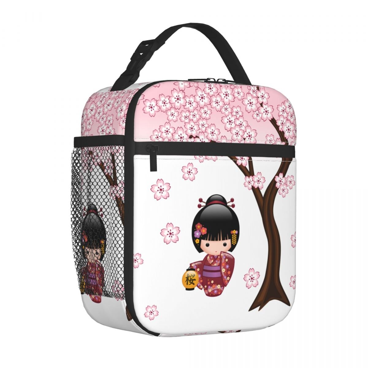 Japanese-themed Sakura Blossom Tree Keiko Kokeshi Doll Square Lunch Bag-Enchanted peach