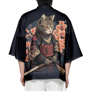 Japanese-themed Sakura Samurai Cat Print Unisex Kimono-Enchanted peach