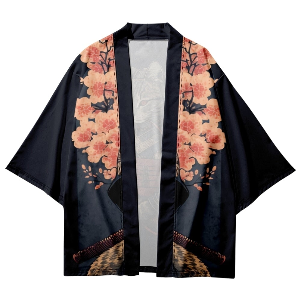 Japanese-themed Sakura Samurai Cat Print Unisex Kimono-Enchanted peach