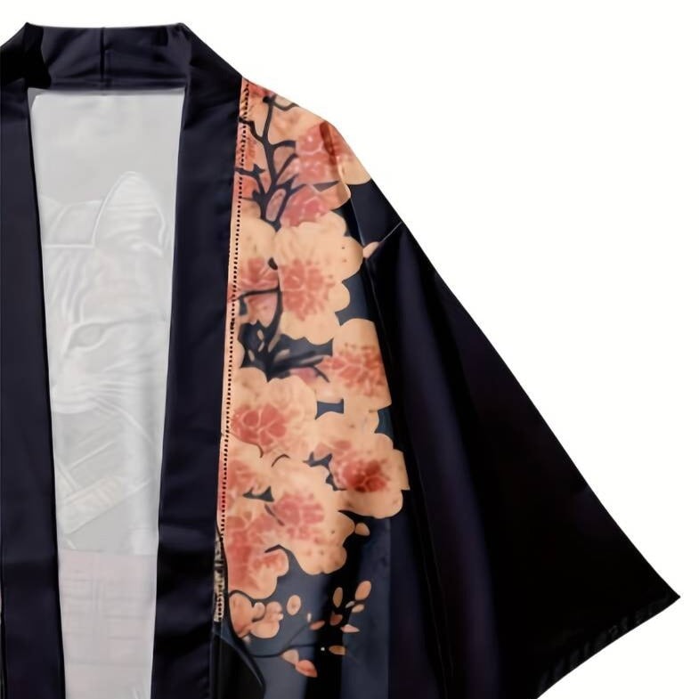 Japanese-themed Sakura Samurai Cat Print Unisex Kimono-Enchanted peach