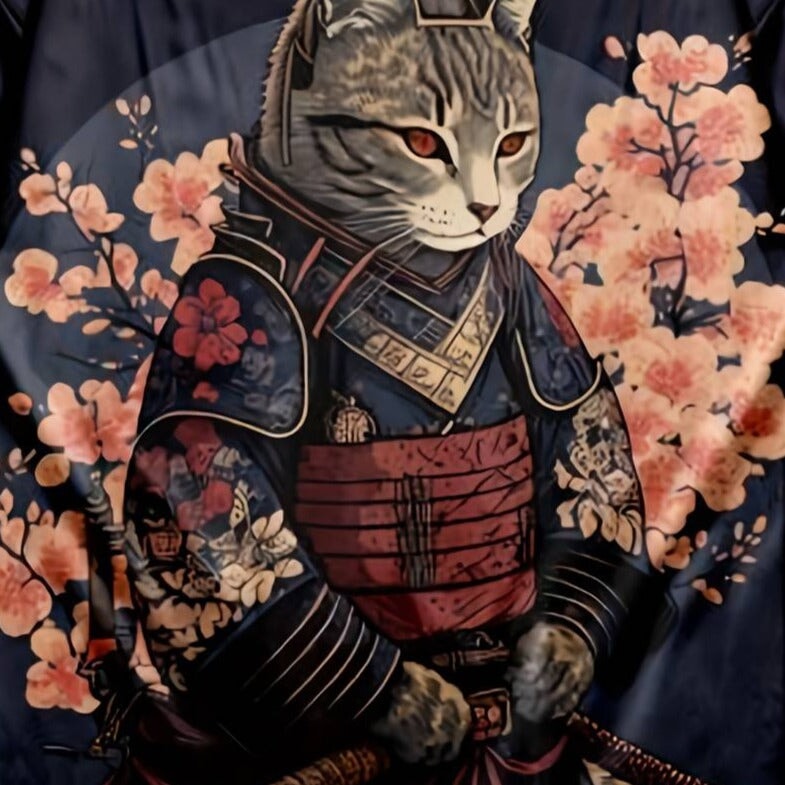 Japanese-themed Sakura Samurai Cat Print Unisex Kimono-Enchanted peach