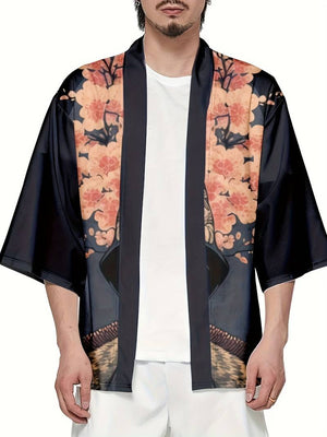 Japanese-themed Sakura Samurai Cat Print Unisex Kimono-Enchanted peach