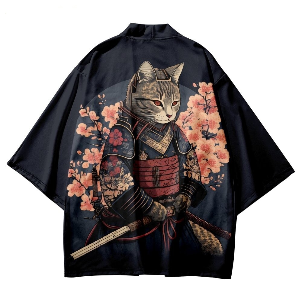 Japanese-themed Sakura Samurai Cat Print Unisex Kimono-Enchanted peach