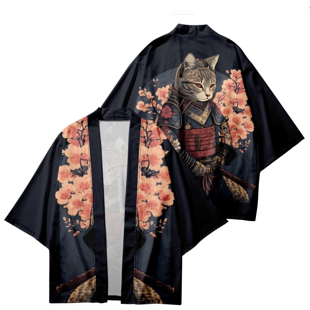 Japanese-themed Sakura Samurai Cat Print Unisex Kimono-Enchanted peach