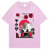 Japanese-themed Samurai Cat Rose Kanji Unisex Tee-Enchanted peach