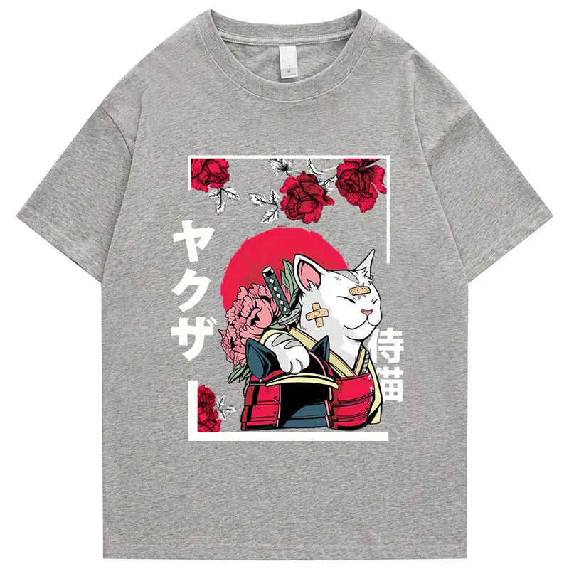 Japanese-themed Samurai Cat Rose Kanji Unisex Tee-Enchanted peach