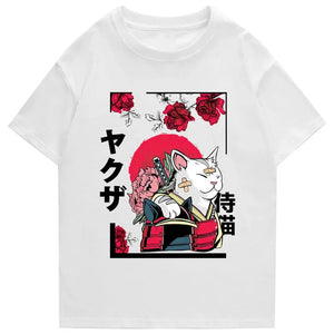 Japanese-themed Samurai Cat Rose Kanji Unisex Tee-Enchanted peach