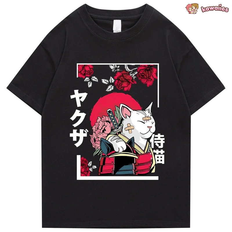 Japanese-themed Samurai Cat Rose Kanji Unisex Tee-Enchanted peach