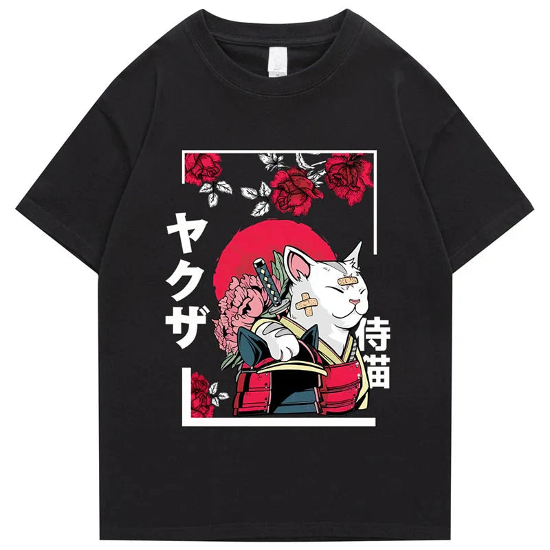 Japanese-themed Samurai Cat Rose Kanji Unisex Tee-Enchanted peach