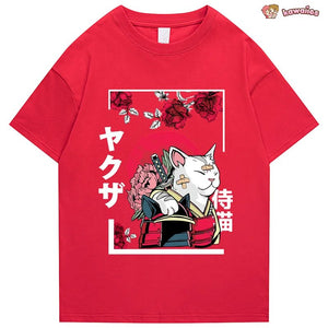 Japanese-themed Samurai Cat Rose Kanji Unisex Tee-Enchanted peach